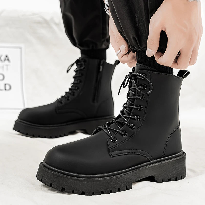 Men's High-top Boots, 2025 New Black British Windbreaker Workwear Boots, High-top Soft Leather Waterproof Casual Leather Boots
